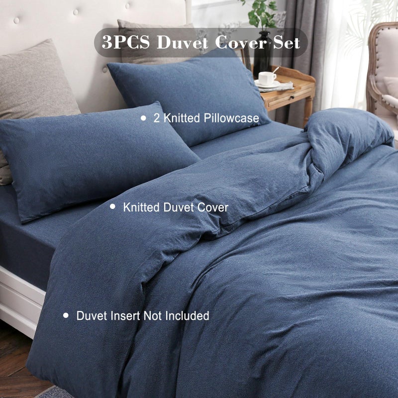 PURE ERA Jersey Knit Duvet Cover Set 100% T-Shirt Cotton Super Soft Comfy 3pc Bedding Set with Zipper Closure (Heather Navy Blue, King) - Image 4